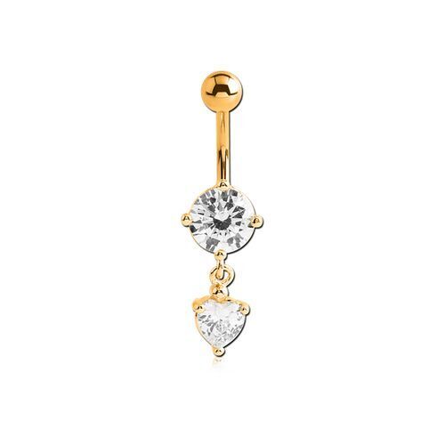 Gold Steel Double Jewelled Belly Ring - Jewelled Heart 14 Gauge - 10mm